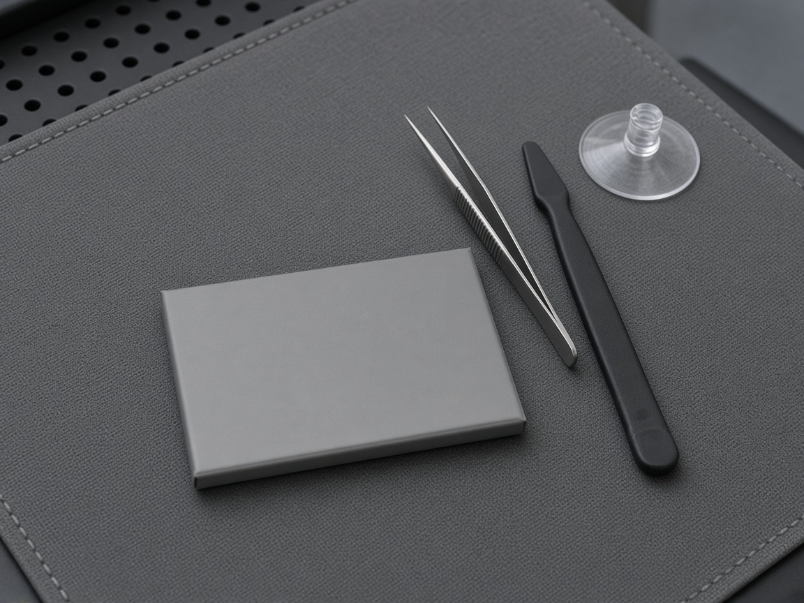 An unmarked grey battery beside tweezers, a plastic pry tool, and a suction cup.