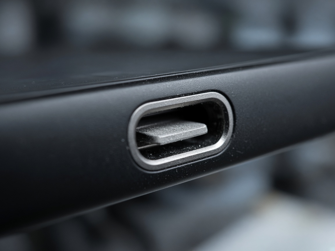 Macro view of a dusty phone charging port in a black frame.