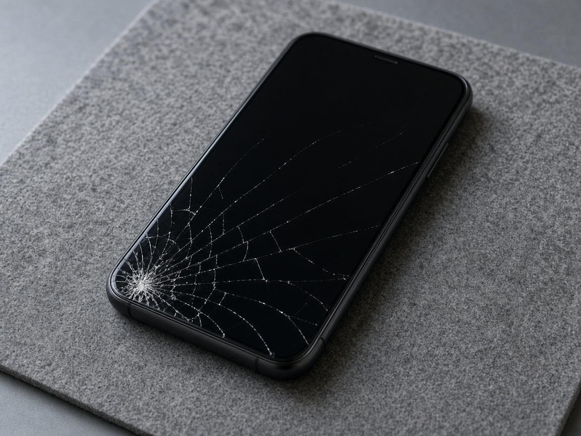 A smartphone with cracked glass lying face up on a grey mat. The screen is off.