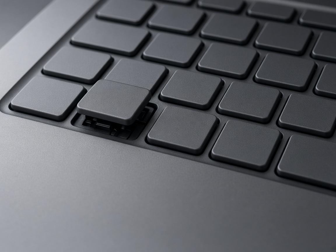 Close view of a laptop keyboard with blank keycaps, one key lifted off its hinge.