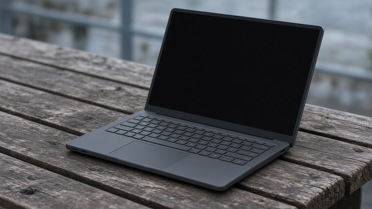 An open laptop on a wooden bench, seen from the side, with a dark blank screen.