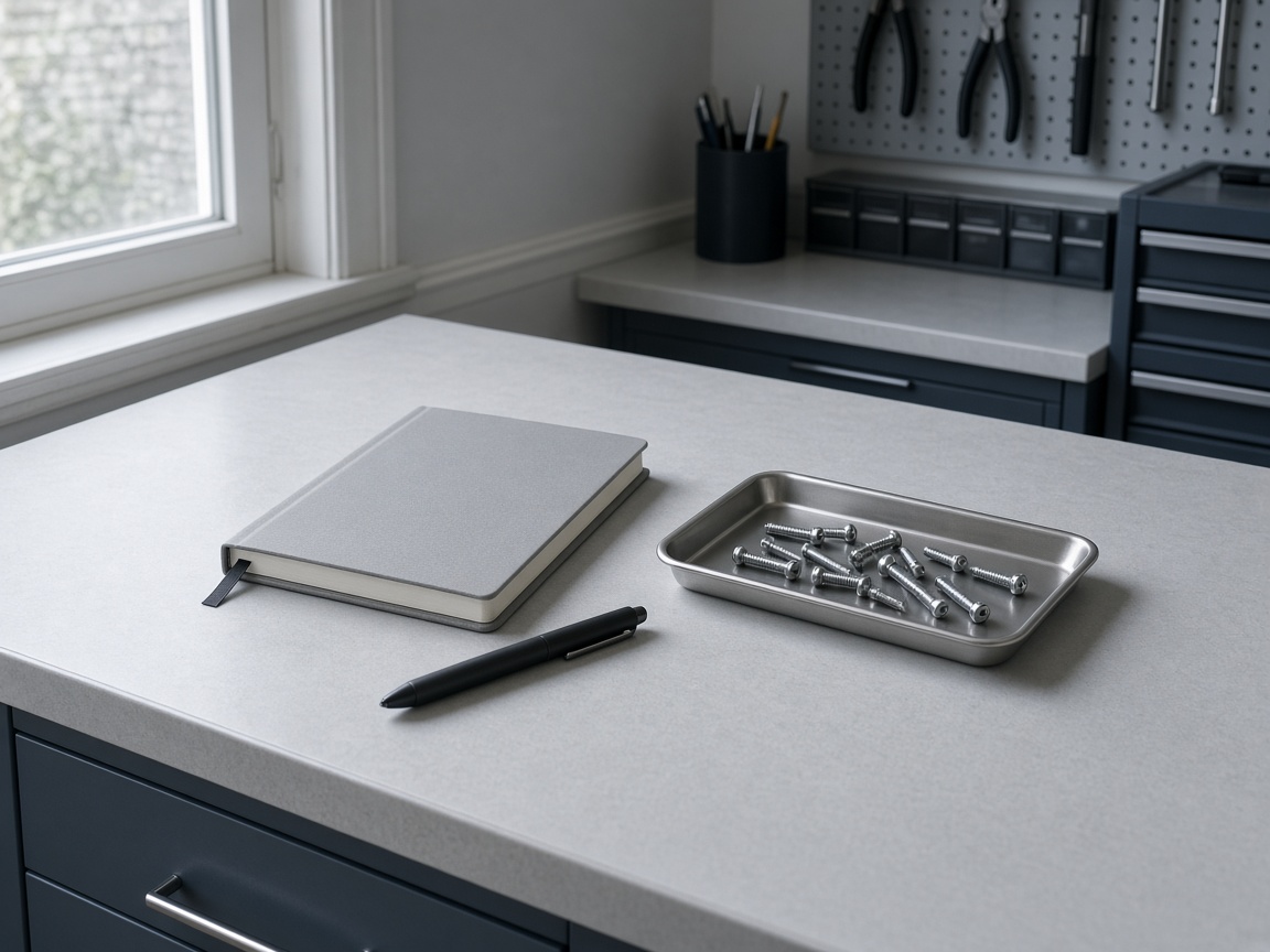 A tidy grey counter with a blank notebook, a pen, and a tray of screws.