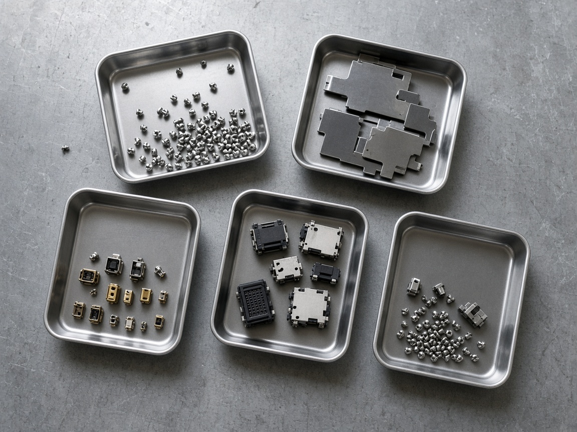 Unlabeled metal trays holding screws, shields, and small connectors.