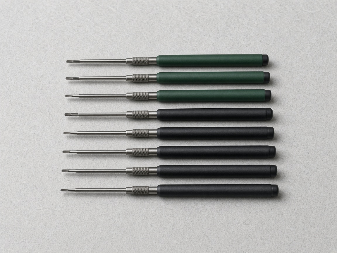 Precision screwdrivers with plain green and black handles and no markings.