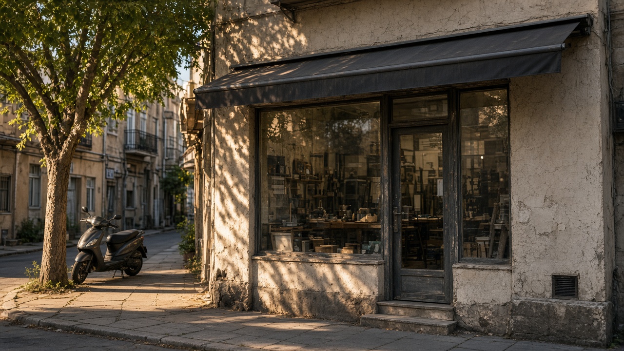 A ground-floor workshop on a city street, awning down, with no readable sign on the front.